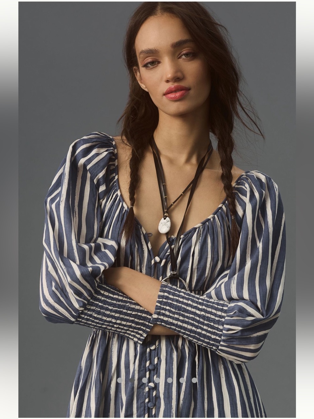 Anthropologie Navy and White Striped Puff-Sleeve Midi Dress - Picture 5 of 10